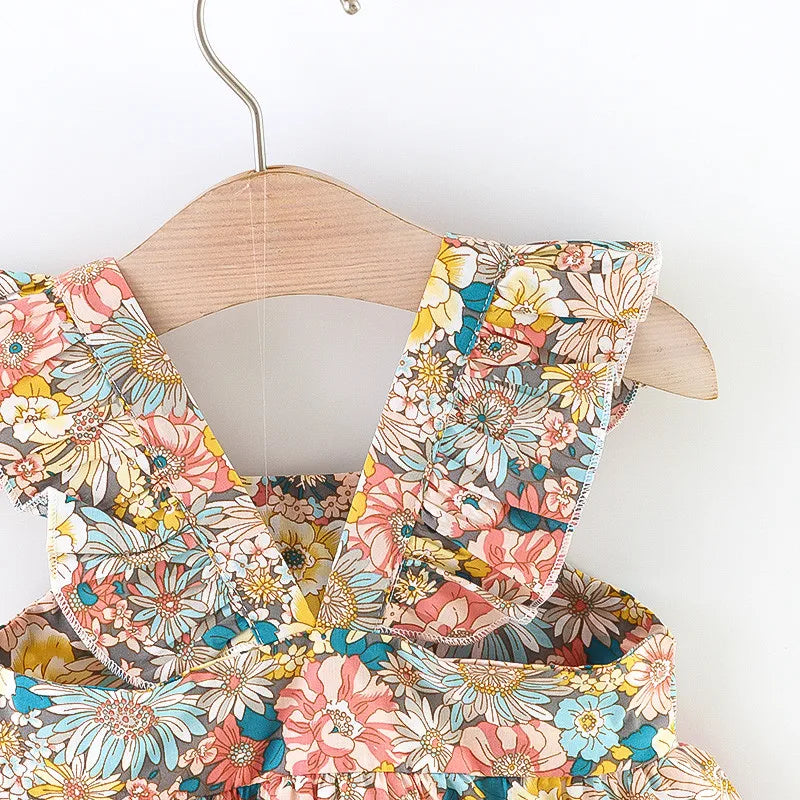 Vintage Floral Baby Girl's Summer Dress with Straw Bag 2PCs