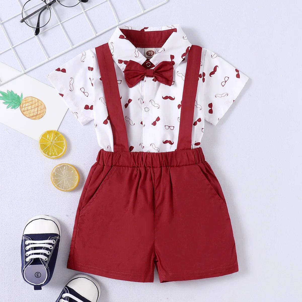 Kids Short Sleeve Bodysuit with Bow + Suspender Pant