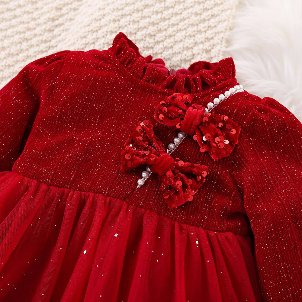 Red Baby Girl Long Sleeved Velvet Sequin Party Dress with Bag