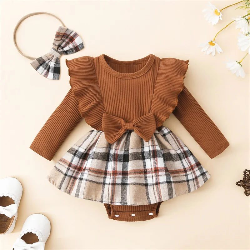 Plaid Romper Dress with Headband - Rib Knit Ruffled Long Sleeve Jumpsuit