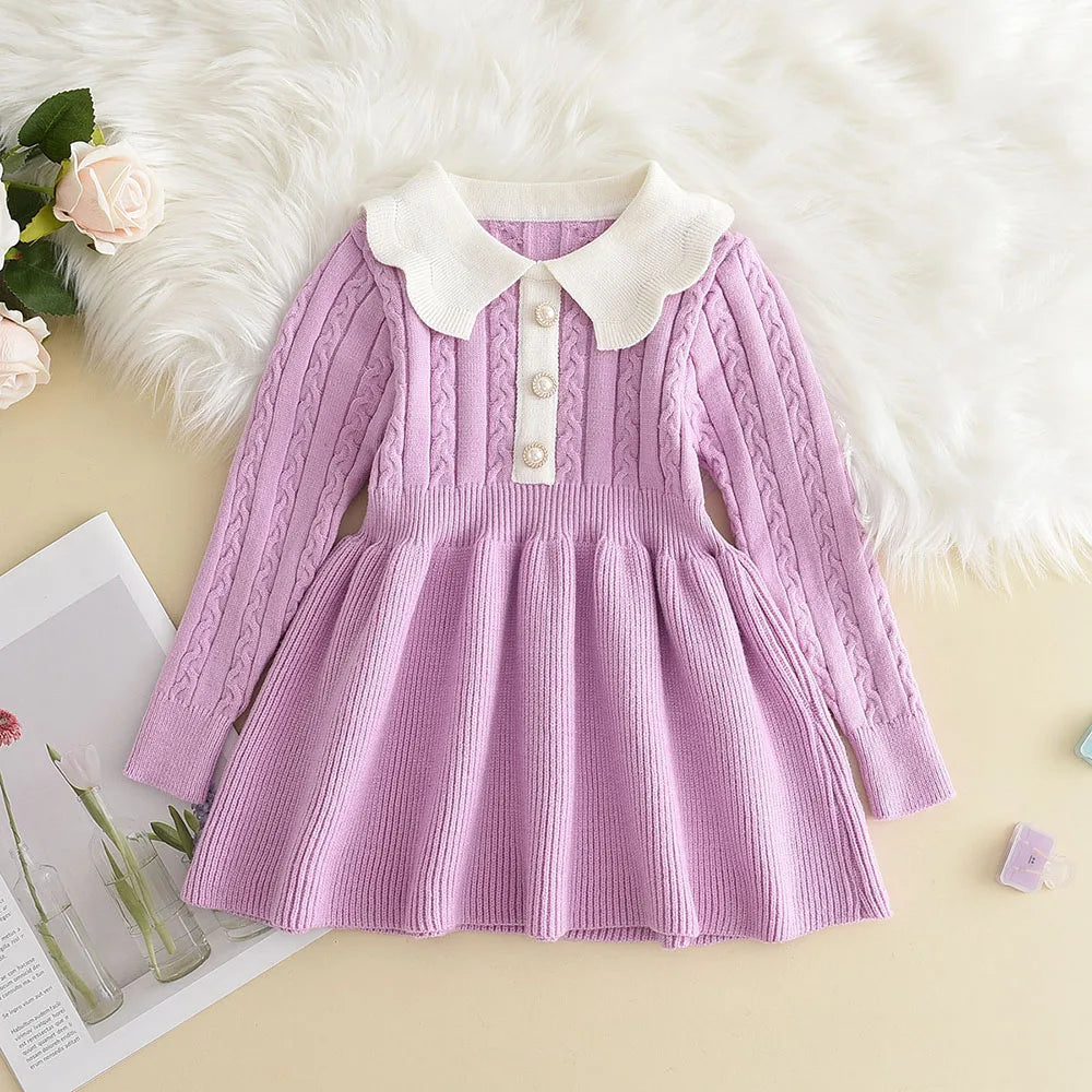 Long Sleeve Ruffled A-Line Collar Knit Dress