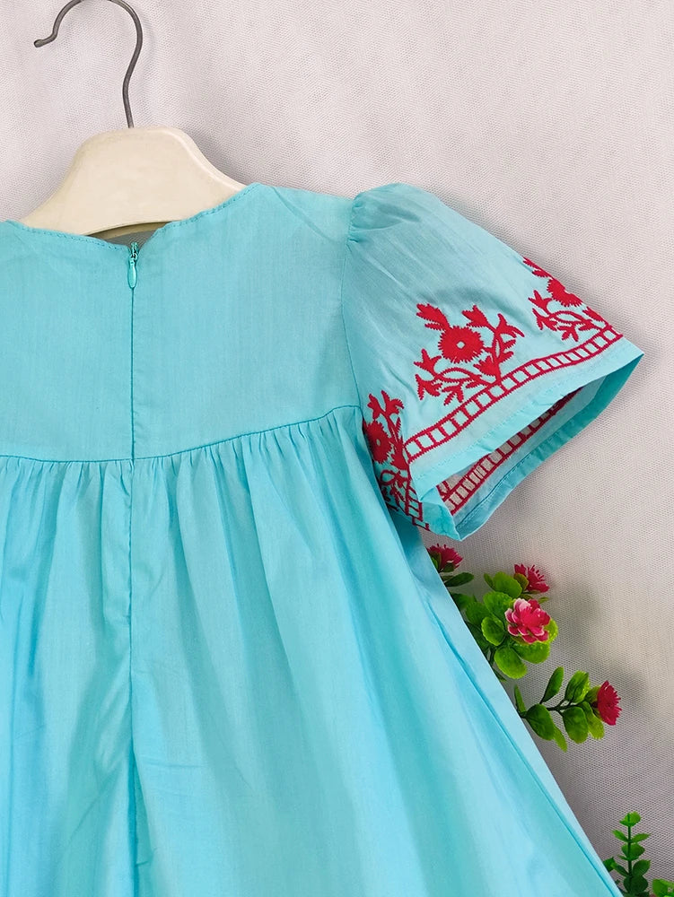 Girls Flowers Embroidered Cotton Dress