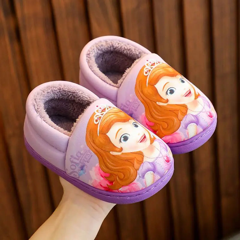 Disney Princess Elsa Winter Children's Heel Cotton Slippers Girls' Warm Frozen Kids' Cotton Black Purple Flats Shoes Size 24-40