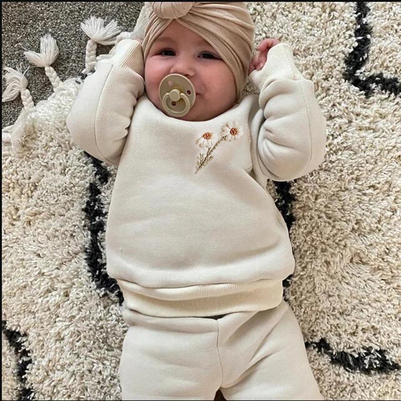 Winter Baby Girl Boy Clothes Set Embroidery Thicken Fleece Sweatshirt+Pants Set Girls Warm Tracksuit Toddler Girl Clothes Outfit