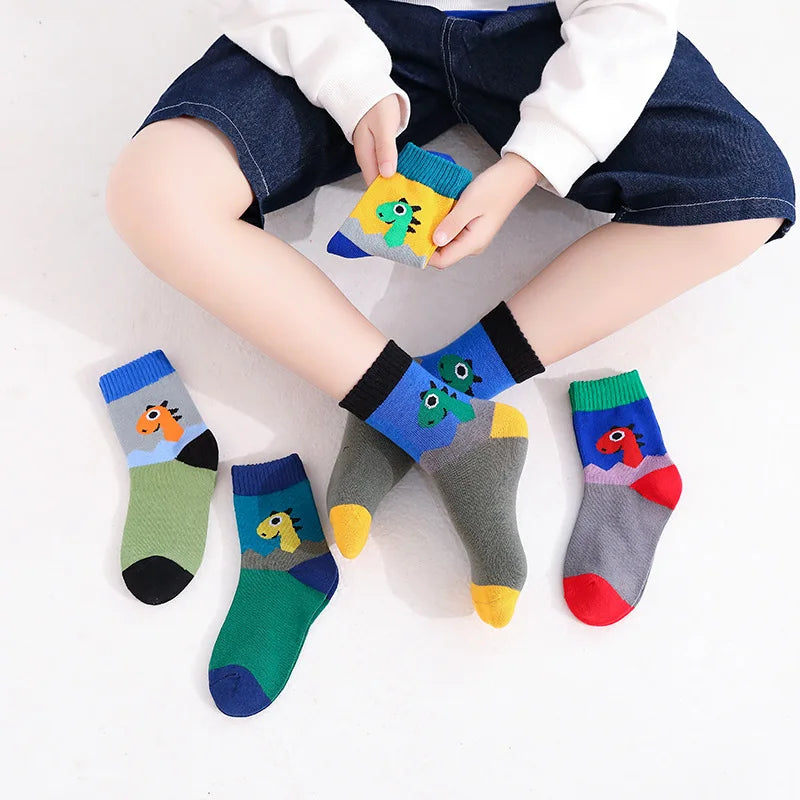 5 Pairs Cartoon Dinosaur Cotton Socks – Kids Crew Socks