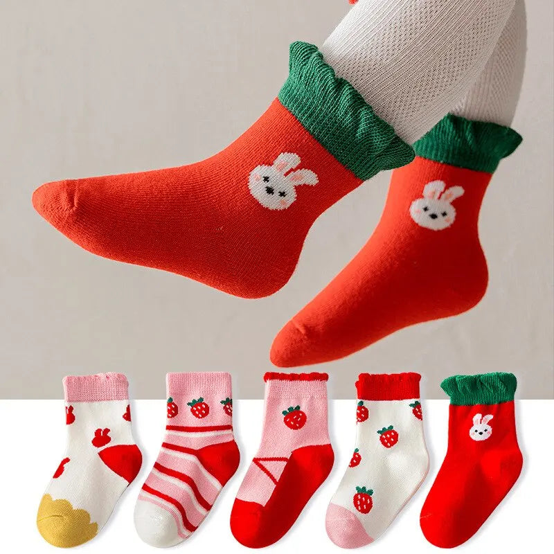 5Pairs Cute Stripe Carttoon Knit Warm Kids Socks For Girls Boys Children Socks Baby Flower Floral Short Socks