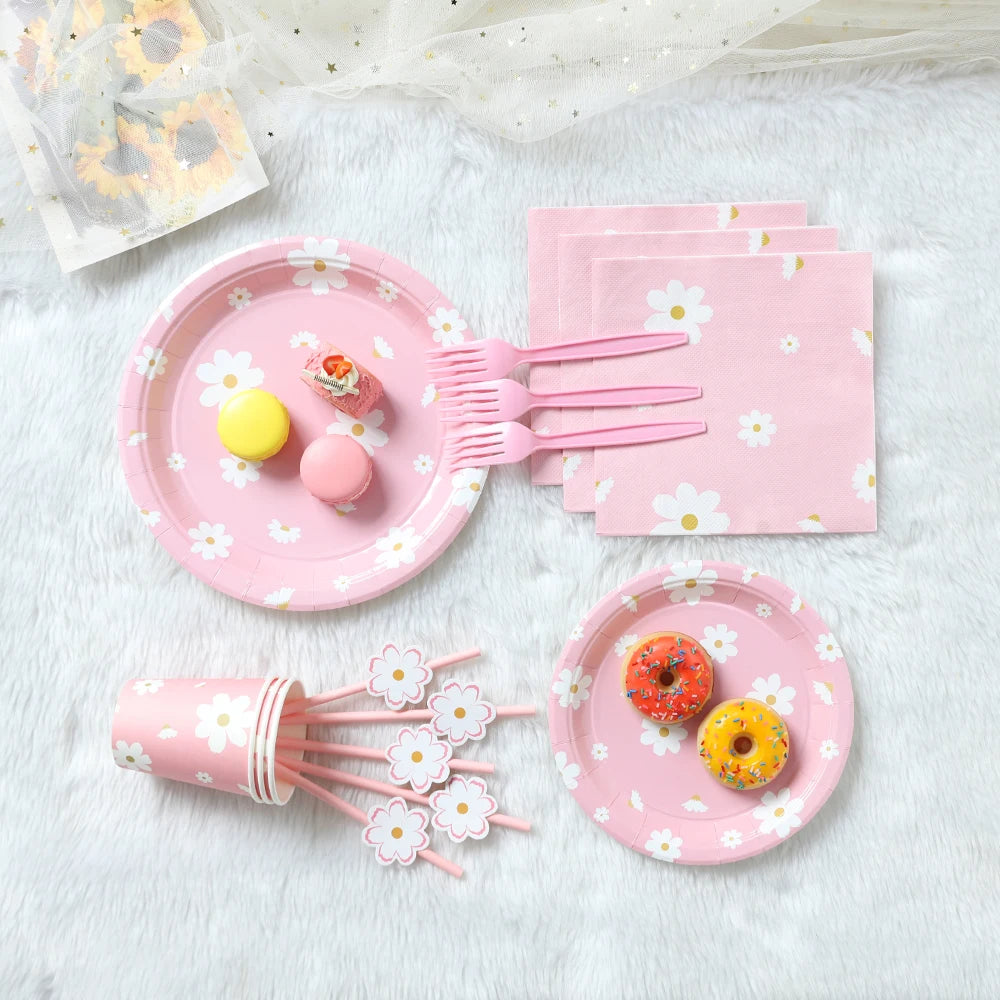 Daisy Theme Pink Disposable Tableware Set