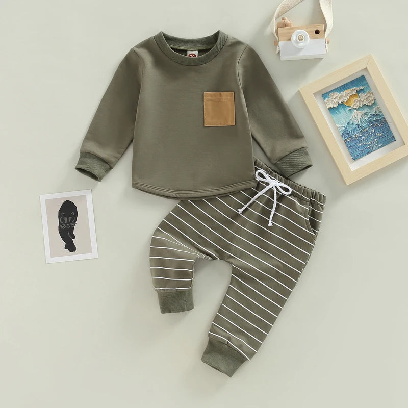 2PCs Tracksuit Set: Long Sleeve Pullover & Stripe Trousers