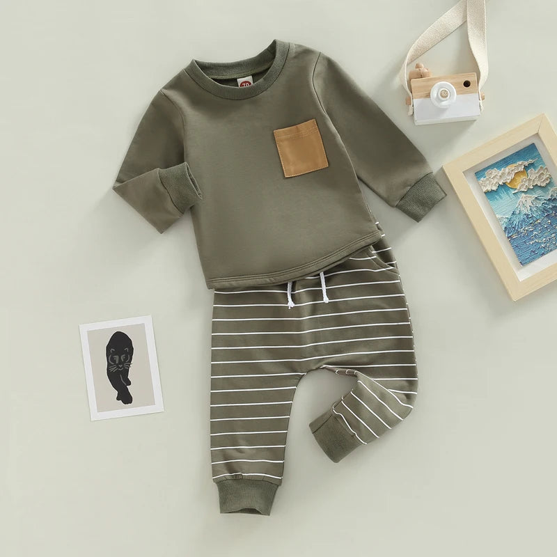 2PCs Tracksuit Set: Long Sleeve Pullover & Stripe Trousers