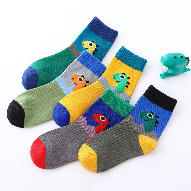 5 Pairs Cartoon Dinosaur Cotton Socks – Kids Crew Socks