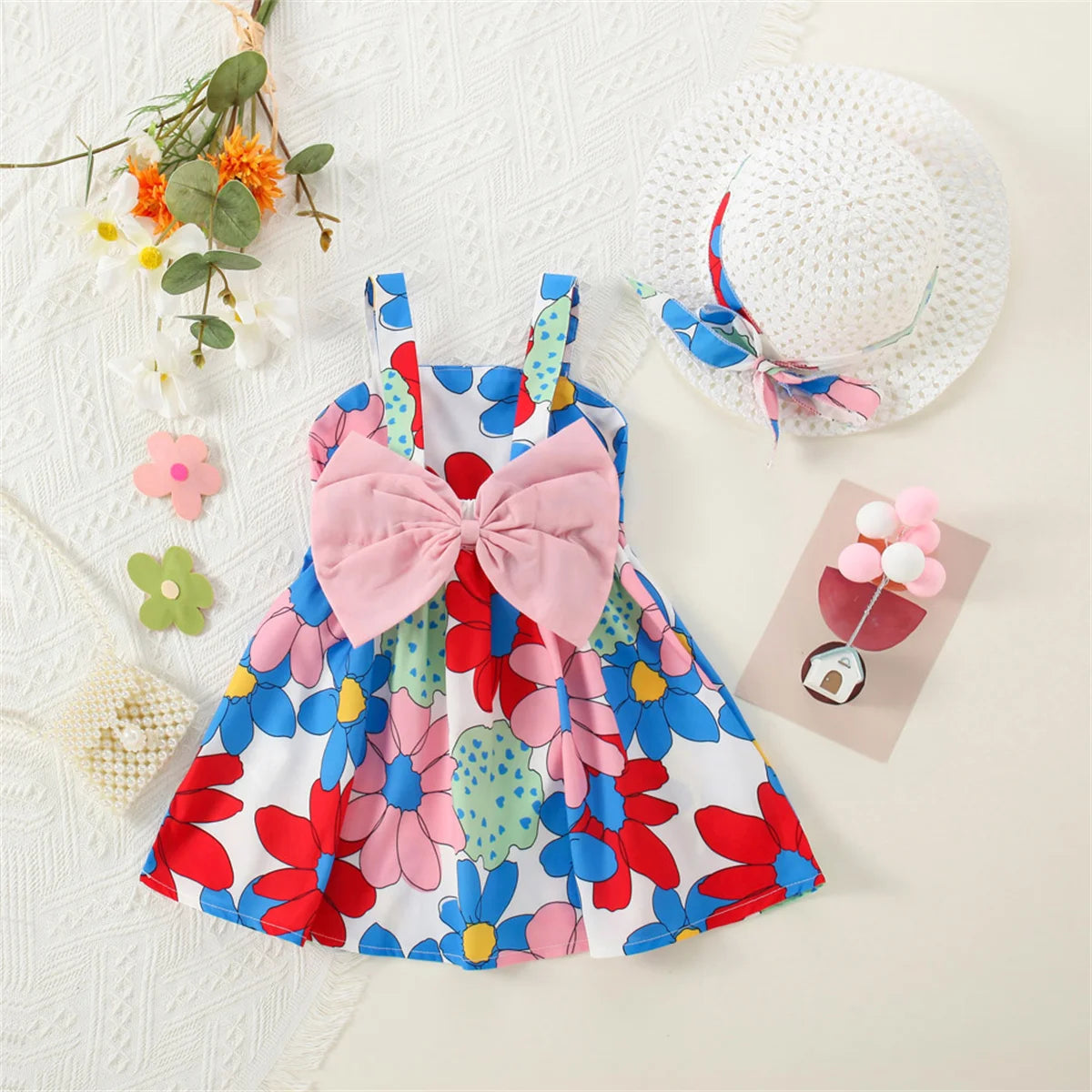 2-Piece Floral Summer Dress Set with Hat