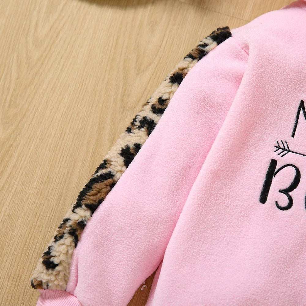 Letter Embroidered Leopard Ear Design Polar Fleece Hoodie Sweatshirt