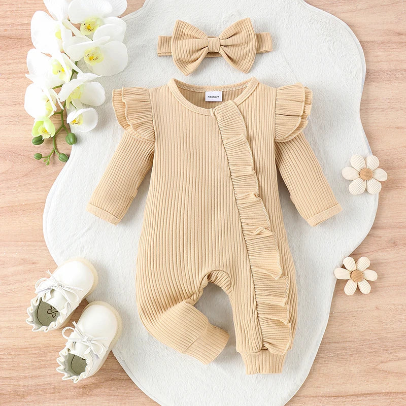 Ruffled Ribbed Baby Romper & Bow Headband Set