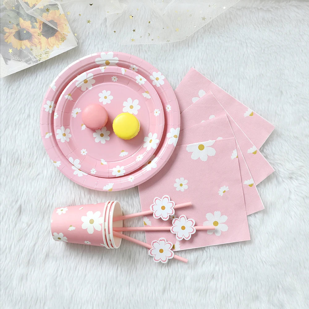 Daisy Theme Pink Disposable Tableware Set