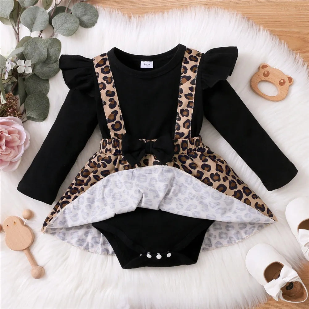 Newborn Baby Girl Leopard Print Romper Long Sleeve Dress