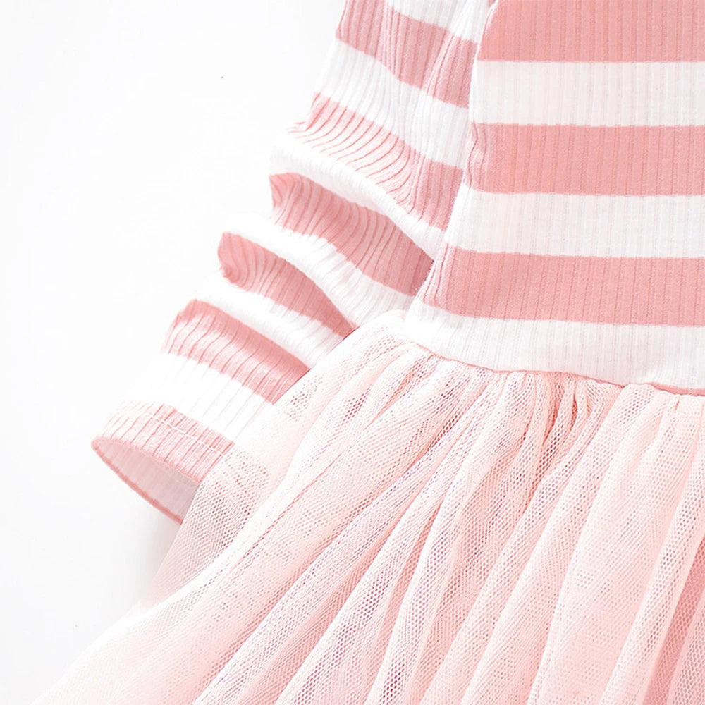 Girls' Striped Bow Patchwork Mesh Tulle Dress