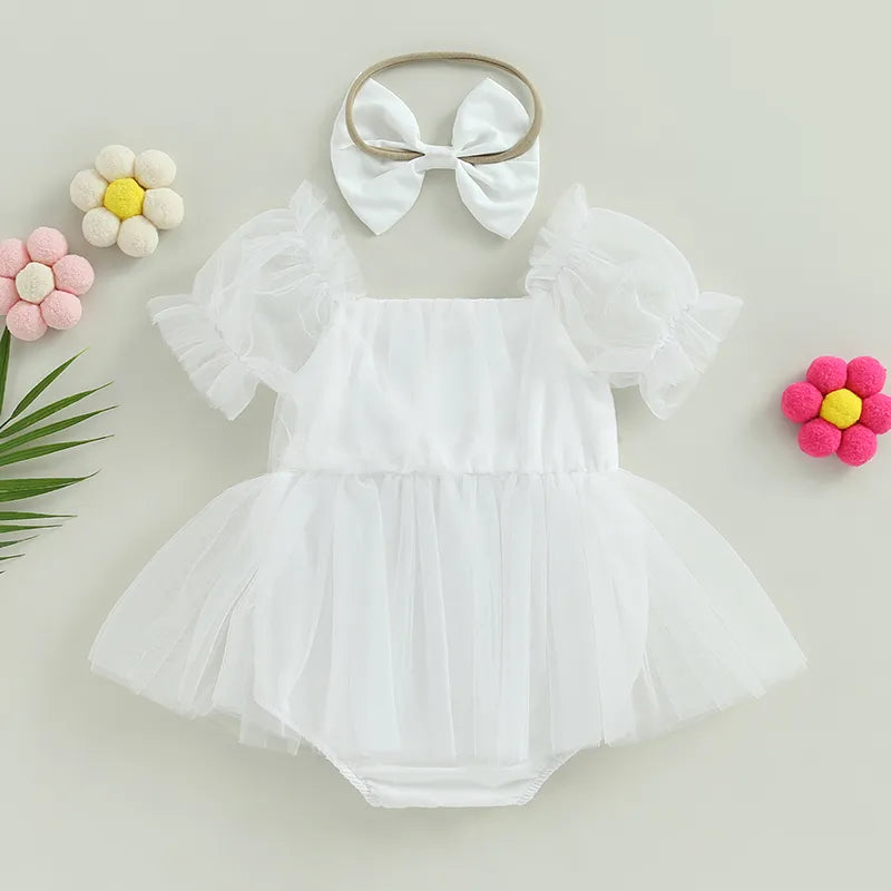 ma&baby 0-24M Princess Baby Girl Romper Newborn Infant Toddler Tulle Jumpsuit +Headband Princess Birthday Puff Sleeve Outfits