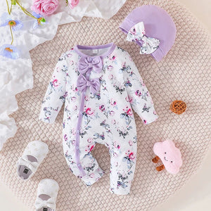 2PCs Floral Baby Romper with Bow & Hat