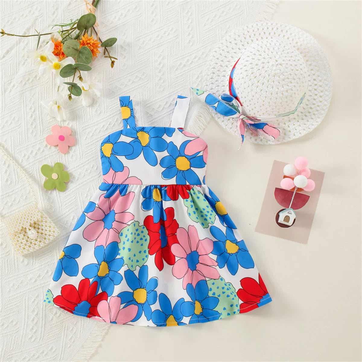 2-Piece Floral Summer Dress Set with Hat