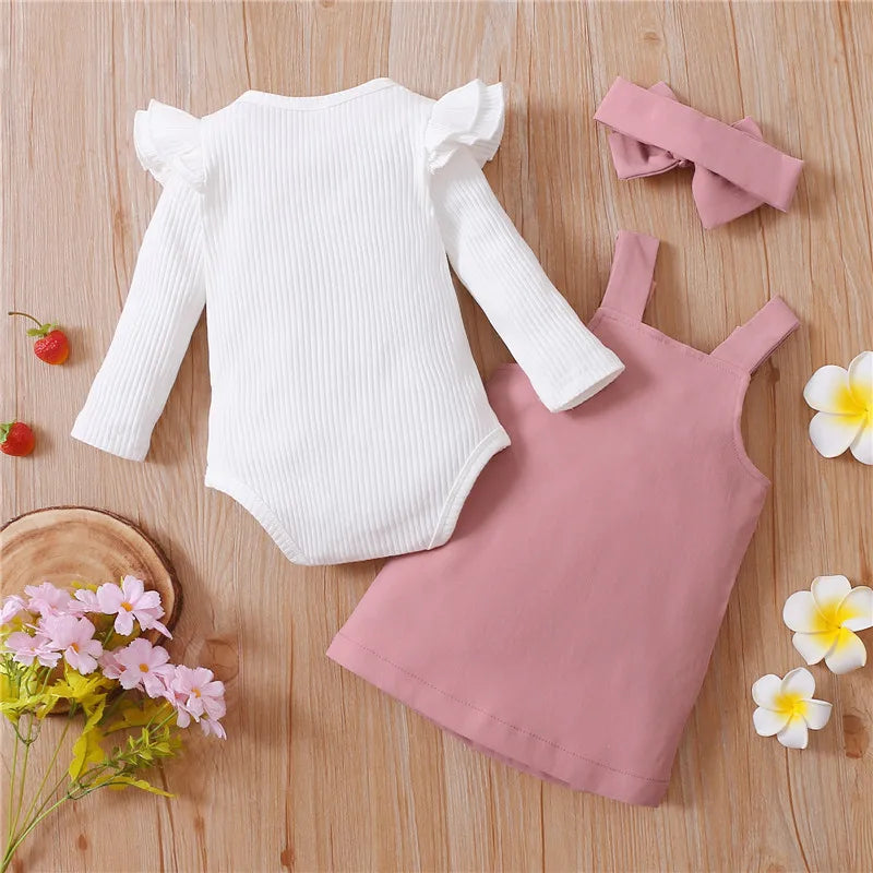 Cute 3PCS Baby Girls Suit with Suspender Skirt